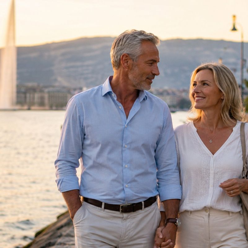 Couple heureux profitant d’un moment romantique au bord du lac à Genève